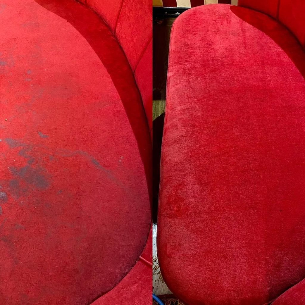 Rengörde den röda soffan, före och efter